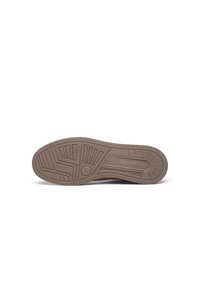 Brown rubber shoe sole with a textured pattern, featuring lines and circular accents for grip, indicating durability and traction.