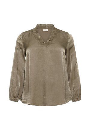 Långärmad taupe-blus med V-ringning, elastiska ärmslut och volangdetalj runt halsringningen i ett glänsande, slätt tyg.