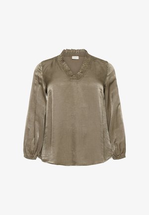 Langärmlige taupe Bluse mit V-Ausschnitt, elastischen Bündchen und gerafftem Saum am Halsauschnitt, aus glänzendem, glattem Stoff.
