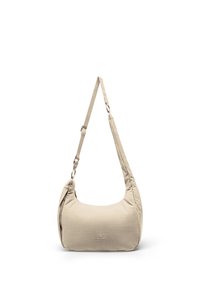 Beige Umhängetasche mit verstellbarem Riemen, geschwungener Form, Reißverschluss an der Seite und kleinem "Johnny Urban" Logo in der Mitte vorne.