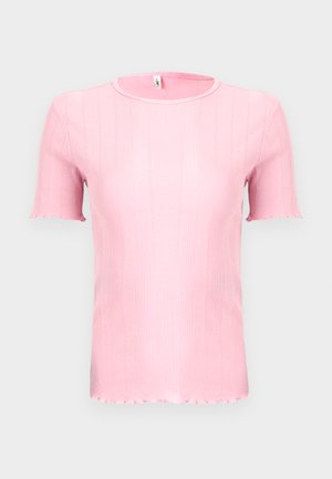 Top rosa chiaro a maniche corte con una trama a coste, collo rotondo e bordi smerlati. Realizzato in materiale morbido ed elastico.