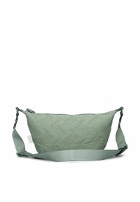 Gestepptes grünes Schultertasche mit einem Zickzackmuster, ausgestattet mit einem verstellbaren Tragegurt und einem Reißverschluss. Weiche Textur und aerodynamische Form.