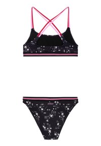 Zwart bikini set met een strapachtige kruis achterkant top en bijpassende broekjes. Patroon met witte tropische ontwerpen en geaccentueerd met roze strepen.