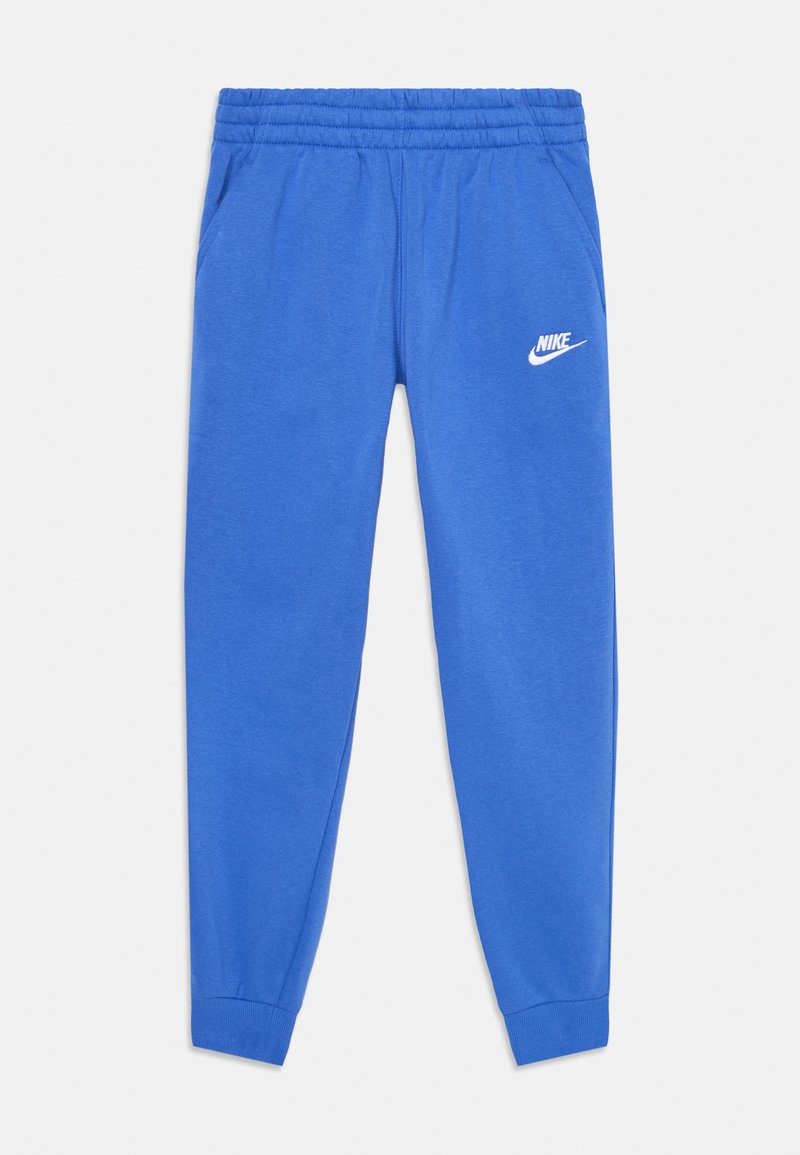 Calças de moletom Nike azuis com cintura elástica, bolsos laterais e logo branco na parte superior da coxa. Tecido macio e pernas ajustadas.