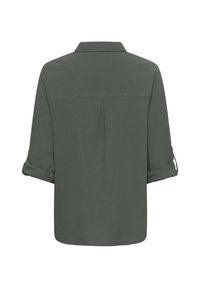 Dark green, long-sleeve blouse with a classic collar, buttoned cuffs, and a relaxed fit. Features a single pleat at the back.