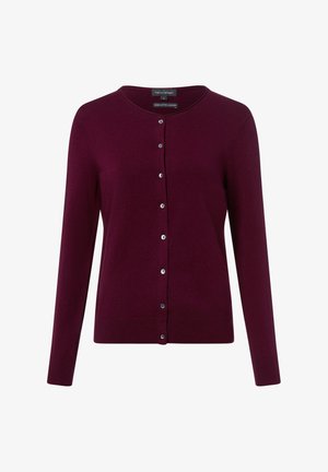 Bordeaux cardigan gemaakt van biologisch katoen en cashmere, met een ronde hals, lange mouwen en zes knopen aan de voorkant.