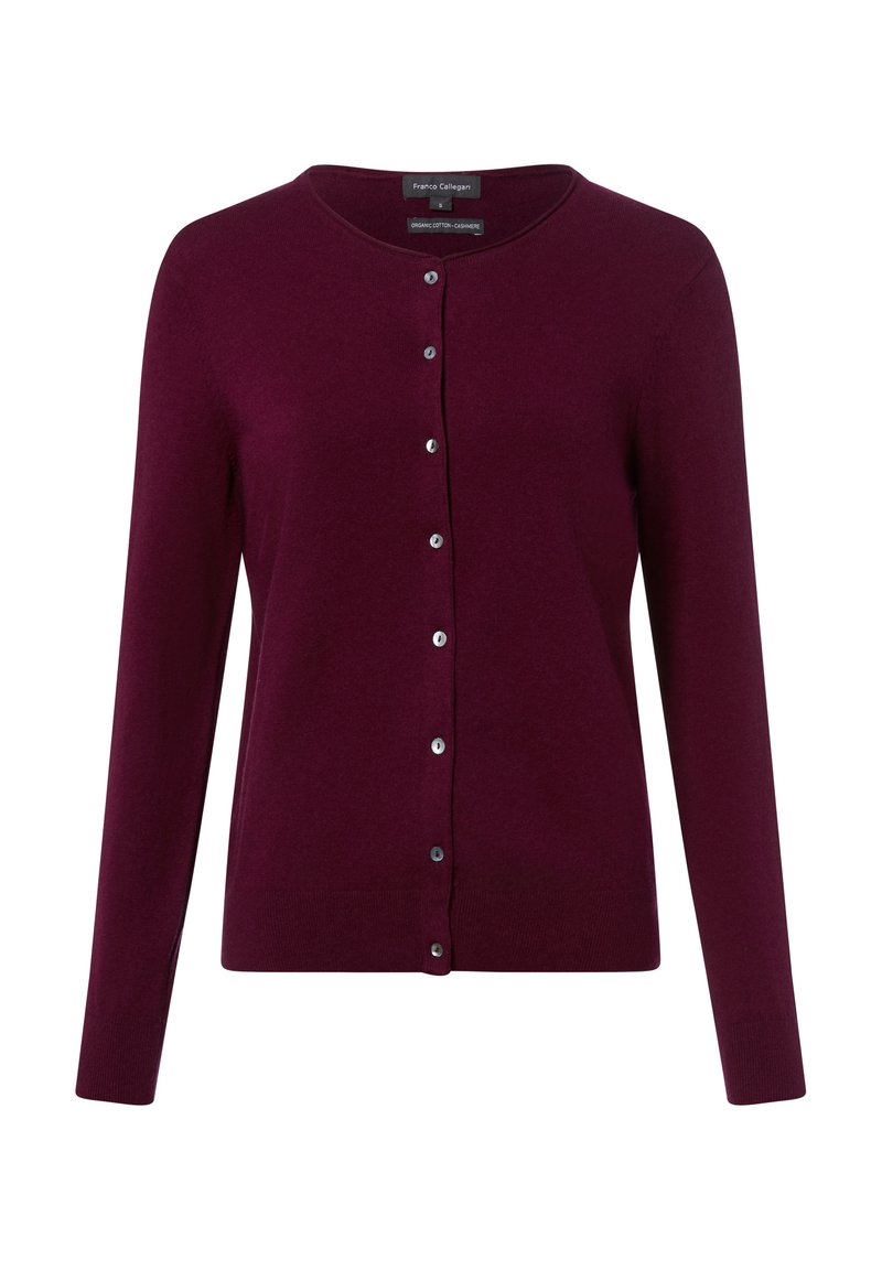 Bordeaux cardigan gemaakt van biologisch katoen en cashmere, met een ronde hals, lange mouwen en zes knopen aan de voorkant.