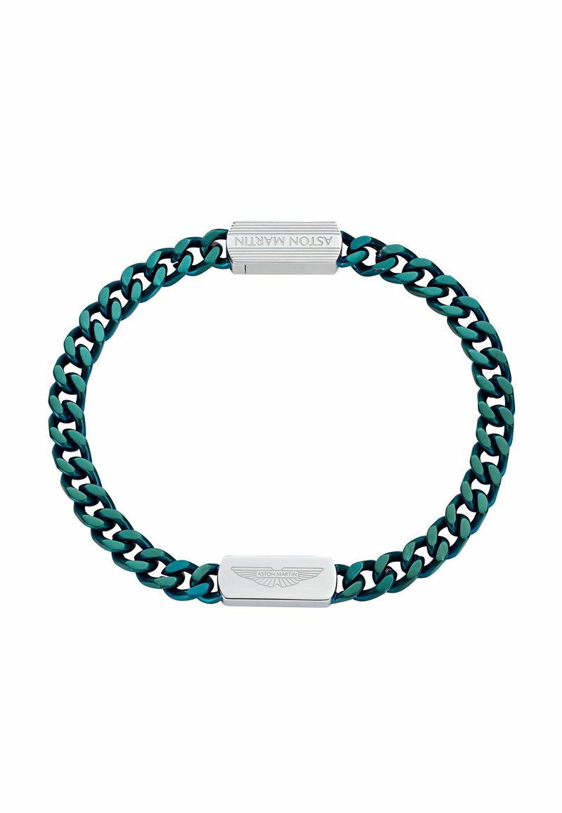 Bracciale a catena metallica color verde teal, con parti piatte grigie con logo inciso, design a maglie alternate e texture liscia e lucida.