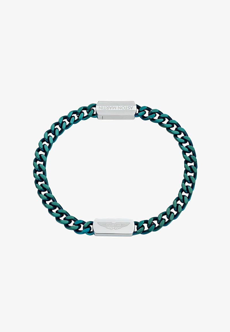 Bracciale a catena metallica color verde teal, con parti piatte grigie con logo inciso, design a maglie alternate e texture liscia e lucida.