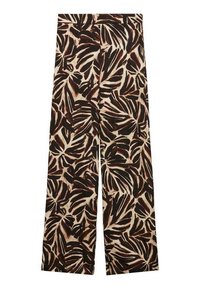 Pantalon à jambes larges avec un fond beige et un imprimé audacieux de feuilles tropicales noires et marron.