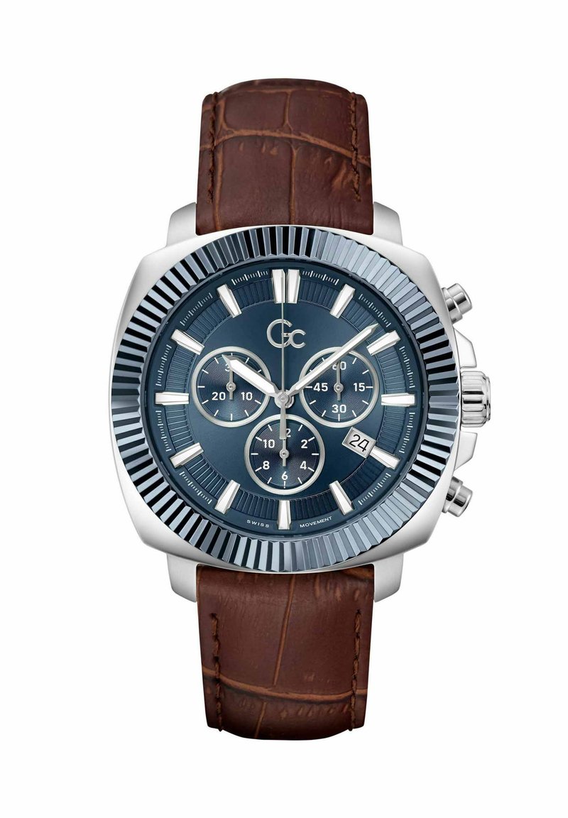 Reloj cronógrafo con esfera azul, caja plateada y correa de cuero marrón texturizado. Presenta marcadores prominentes, subesferas y visualización de la fecha.