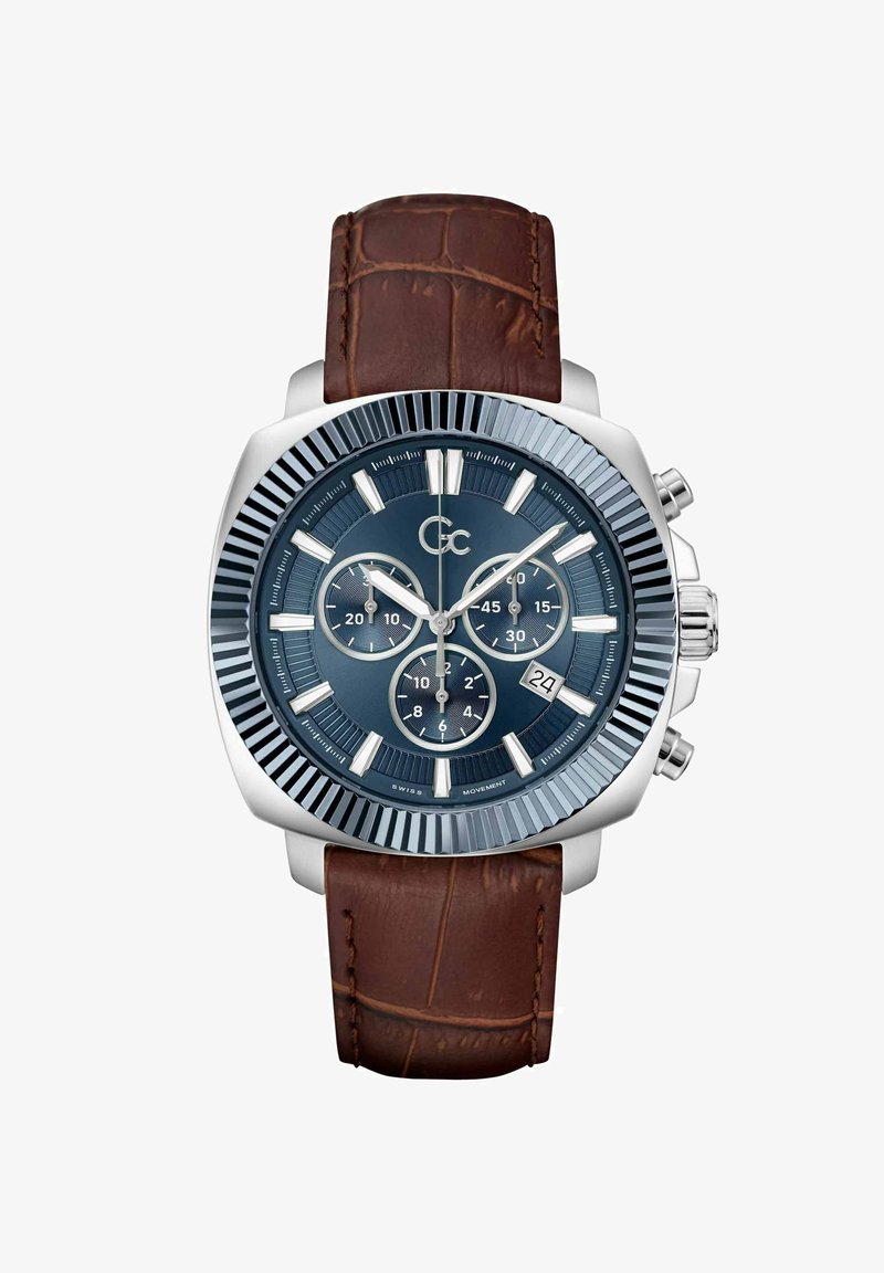 Reloj cronógrafo con esfera azul, caja plateada y correa de cuero marrón texturizado. Presenta marcadores prominentes, subesferas y visualización de la fecha.
