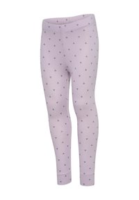 Lila leggings med mjuk textur, prydda med ett mönster av små mörkblå trianglar. Mjuk elastisk midja.