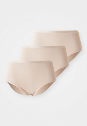 Pakke med tre lys beige høye truser. Glatt stoff med midje i satenglignende kvalitet. Klassisk fasong, ingen synlige mønstre eller detaljer.