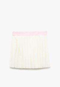 Plisseret skort i elfenben med en blød lyserød talje. Har lodrette plisseringer og en glat tekstur, designet til et struktureret udseende.