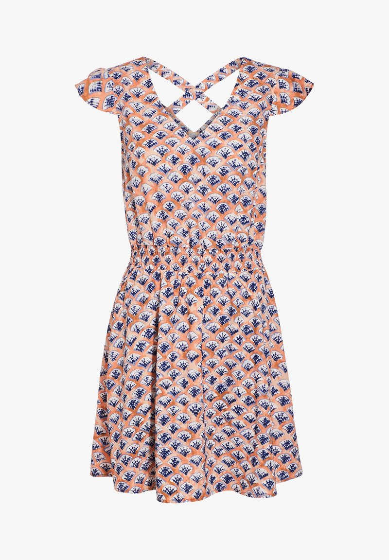 Robe à manches courtes avec motif éventail couleur pêche, blanc et bleu, taille élastique et bretelles croisées au décolleté en V.