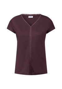 Bordeaux V-hals T-shirt med korte ærmer, glat tekstur og dekorativ syning langs halsudskæringen og midterste søm foran.