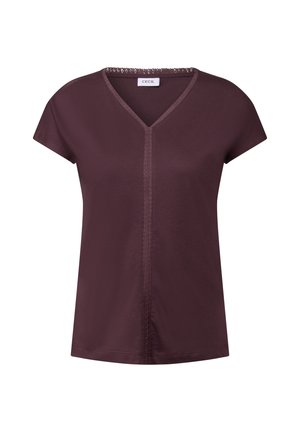 Bordeaux V-hals T-shirt med korte ærmer, glat tekstur og dekorativ syning langs halsudskæringen og midterste søm foran.