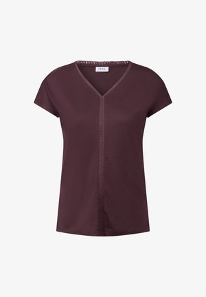 Burgundin värinen V-pääntie T-paita lyhyillä hihoilla, sileä pinta ja koristeompeleet kauluksessa sekä etupuolen sauman kohdalla.