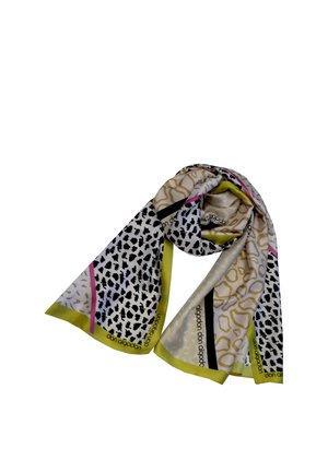 Pañuelo de seda con estampados variados de animales en negro, beige y blanco, bordeado por bordes verdes y líneas rosas y negras, doblado de forma suelta.