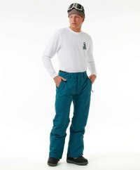 Teal sneeuwbroek met een relaxte pasvorm, elastische tailleband en ritszakken; gecombineerd met een langwerpig wit shirt en skibril.
