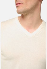 Pull en tricot couleur crème avec un design en V. Présente une texture subtile et un col côtelé, mettant en valeur une silhouette ajustée.