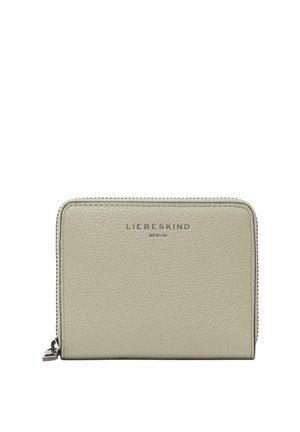 Beige textured leather zip-around wallet with silver zipper and "LIEBESKIND BERLIN" logo embossed on front center.