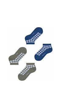 Katoenen blend enkelsokken in marineblauw en olijfgroen, met geruite patronen, textuur breiwerk en versterkte tenen/hielen.