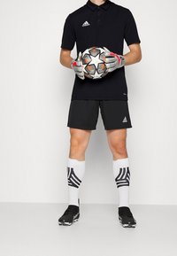 Czarna koszulka polo, czarne szorty, białe skarpetki w czarne paski oraz czarne korki do piłki nożnej. Trzyma wzorzystą piłkę nożną, ma na sobie rękawice.