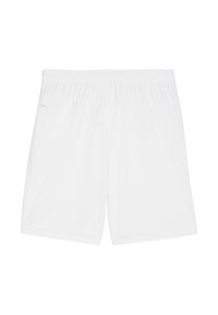 Weiße Sportshorts aus feuchtigkeitsableitendem Material mit einem elastischen Bund und einem dezenten Logo an der Seite.