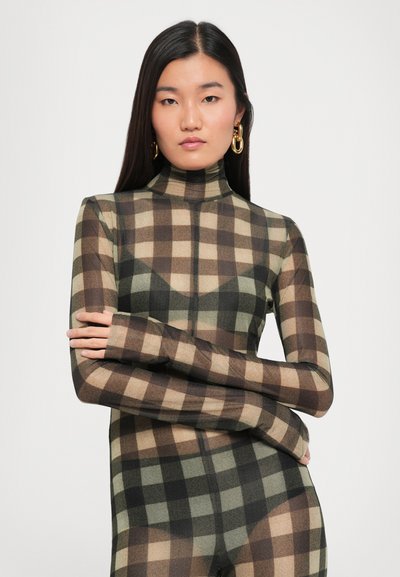 Brown and green checkered bodysuit with a high collar, fitted design, long sleeves, and smooth texture; features a zip closure.