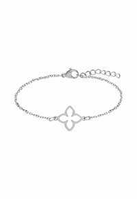 Le bracelet en argent présente un centre de design floral découpé, avec un fermoir en lobster et une chaîne réglable pour varier la longueur.