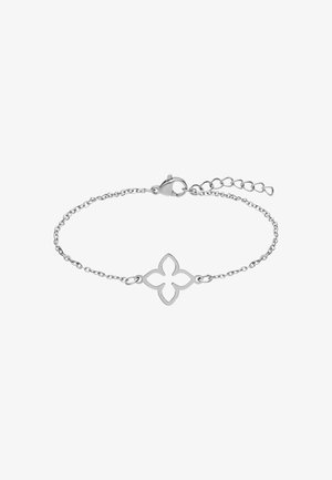 Armbanduhr aus Silberkette mit einem ausgeschnittenen floralen Designelement in der Mitte, ausgestattet mit einem Karabinerverschluss und einer verstellbaren Kette für verschiedene Längen.