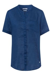 Blusa in lino blu navy a maniche corte con scollo rotondo, bottoni frontali nascosti e taschino sul petto.