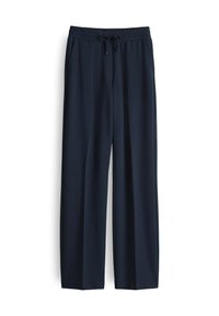 Marineblauwe wijde broek gemaakt van een lichte stof, met een elastische tailleband met een trekkoord en zijzakken.