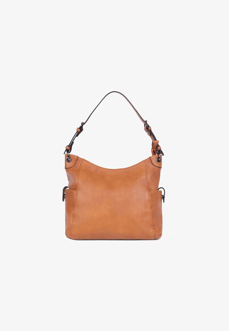 Sac à bandoulière en cuir couleur fauve avec une sangle réglable marron foncé, des poches latérales et un bord supérieur légèrement incurvé.