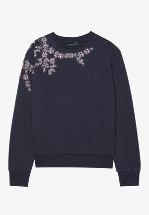 Marine sweatshirt van katoenmix met een bloemenontwerp van strass op de linkerschouder. Geribbelde manchetten en zoom met een ronde hals.