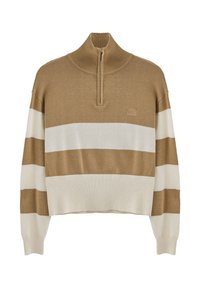 Suéter a rayas marrón y crema con un alto cuello y cierre de media cremallera. Tejido de punto suave con dobladillo y puños acanalados. Presenta detalle de logo.
