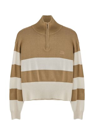 Brown and cream striped sweater with a high collar and half-zip closure. Soft knit material with ribbed hem and cuffs. Features logo detail.