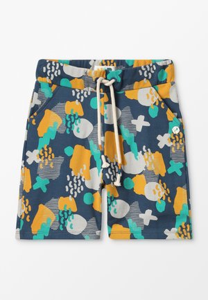Marineblauwe shorts met een meerkleurig abstract patroon in geel, teal en grijs. Voorzien van een elastische tailleband met een trekkoord en twee zijzakken.