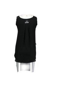 Schwarzes ärmelloses Oberteil aus leichtem Stoff, mit geraffter Vorderseite, rundem Hals und strukturierten Schulterakzenten. Gerade Säume mit seitlichen Schlitzen.