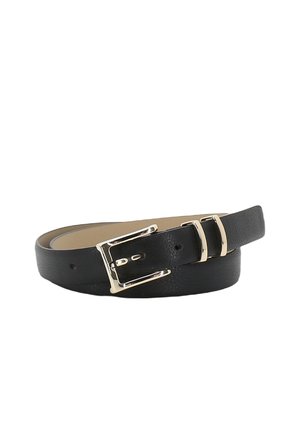 Black leather belt with a silver rectangular buckle and two belt loops, coiled against a white background.