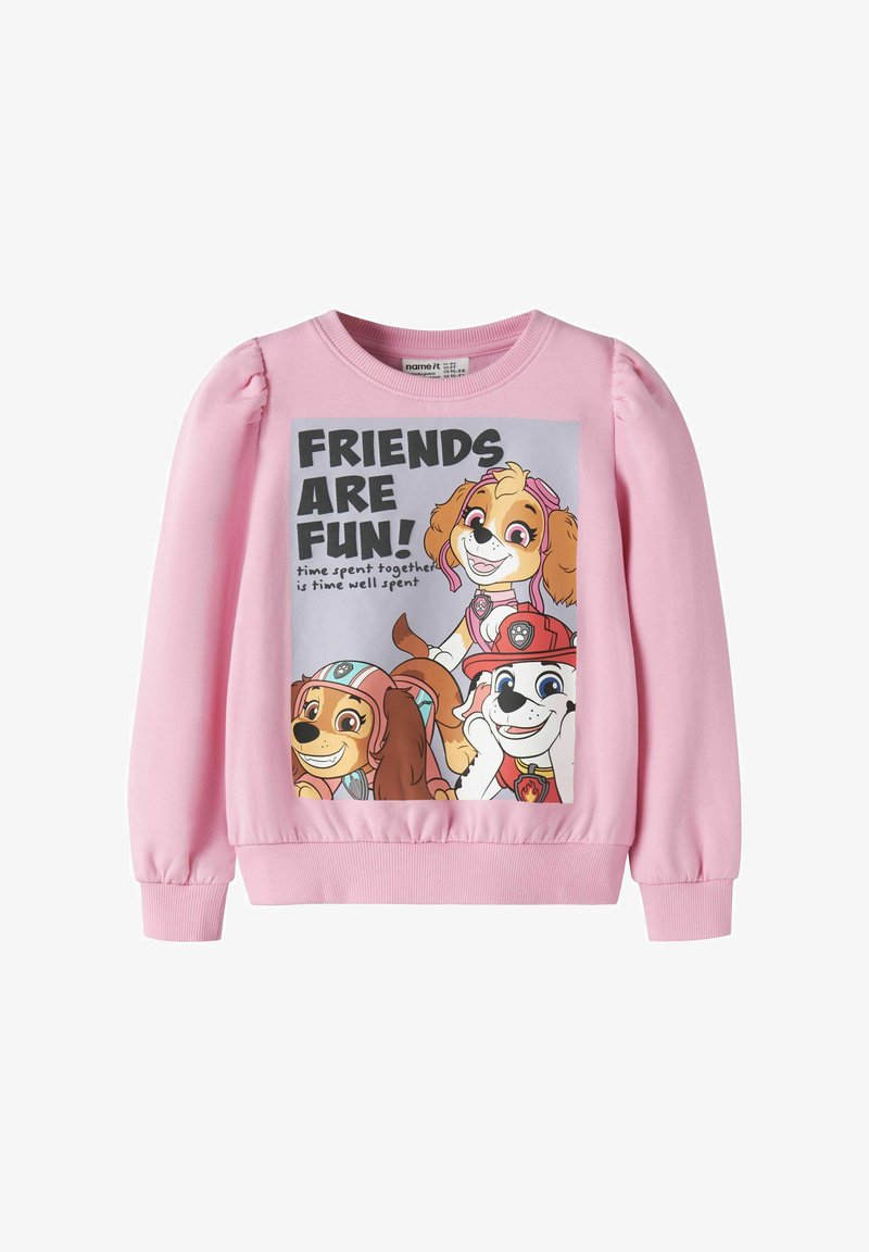 Sweat-shirt rose pour enfants avec des chiots dessinés et le texte "Friends are fun! time spent together is time well spent" sur le devant.