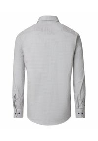 Langärmliges Hemd in hellgrau mit einem kleinen geometrischen Muster. Verfügt über einen klassischen Kragen und knöpfbare Manschetten mit kontrastierenden blauen Knöpfen.
