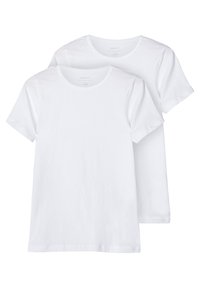 T-shirts en coton blanc au design col rond, avec des manches courtes et une texture lisse. Deux chemises identiques empilées.
