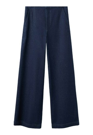 Pantalones vaqueros de pierna ancha de color azul oscuro con bolsillos delanteros y cintura alta, mostrados sobre un fondo blanco.