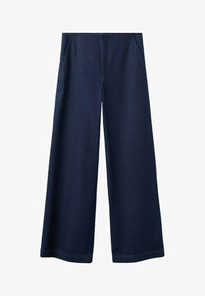 Tmavě modré široké džínové kalhoty s předními kapsami a vysokým pasem, zobrazené na bílém pozadí.