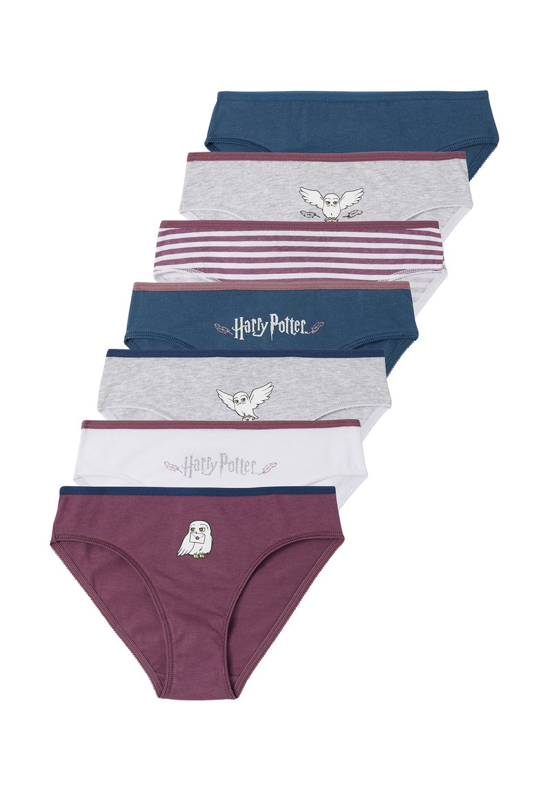Set von sieben Baumwollunterhosen in verschiedenen Farben: Marineblau, Grau, Weiß und Kastanienbraun. Mit Harry-Potter-Designs und Eulengrafiken.