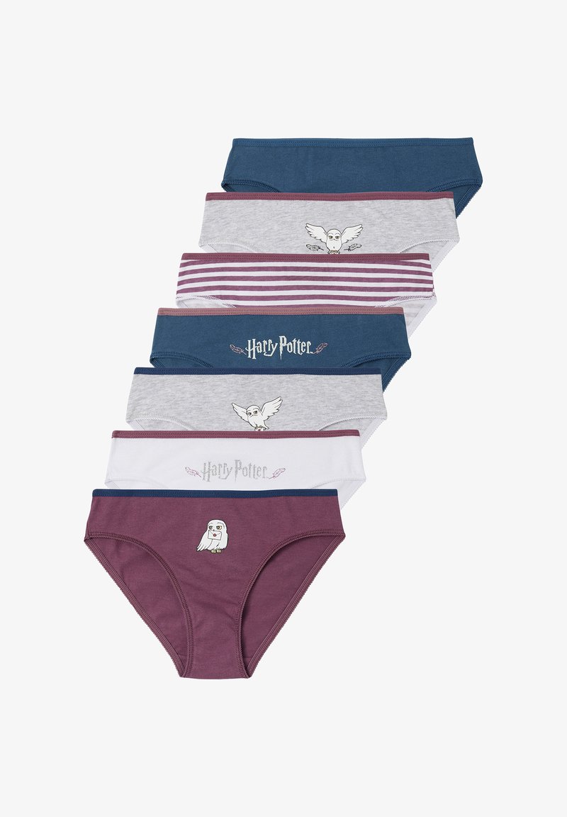 Set von sieben Baumwollunterhosen in verschiedenen Farben: Marineblau, Grau, Weiß und Kastanienbraun. Mit Harry-Potter-Designs und Eulengrafiken.