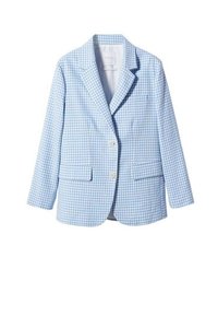 Blazer a quadri blu chiaro e bianco con risvolto, due tasche frontali e chiusura con bottone. Tessuto testurizzato.